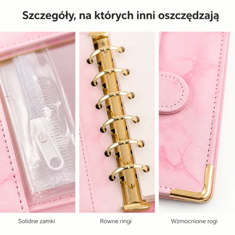 Detale wykonania planera Kopertowo — ringi, zamki kopert, wzmocnione rogi