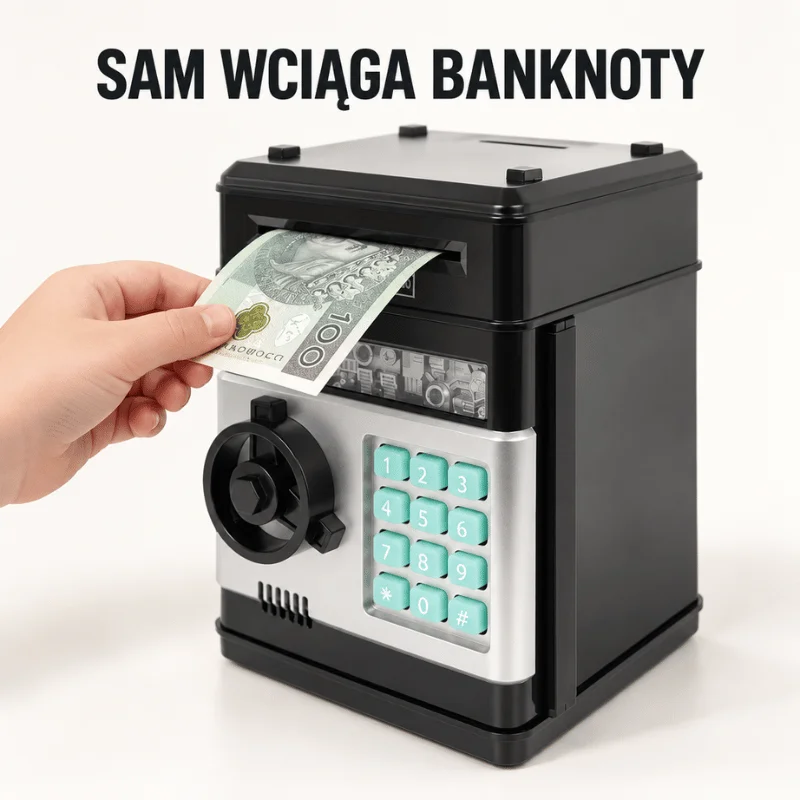 Banknot wsuwany do szczeliny skarbonki Sejfbank