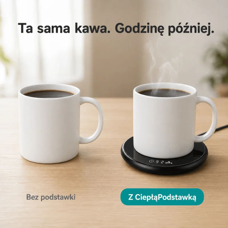Dwa kubki kawy: zwykły wystygły i parujący na CiepłejPodstawce