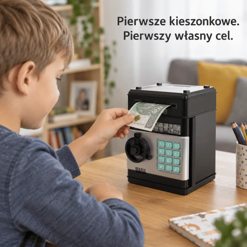 Dziecko wkłada pierwsze kieszonkowe do skarbonki Sejfbank