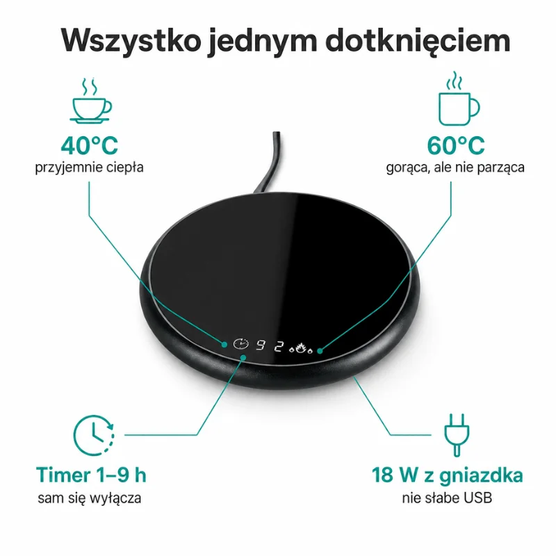 Panel dotykowy CiepłejPodstawki z ustawieniami 40°C, 60°C i timerem 1–9 h