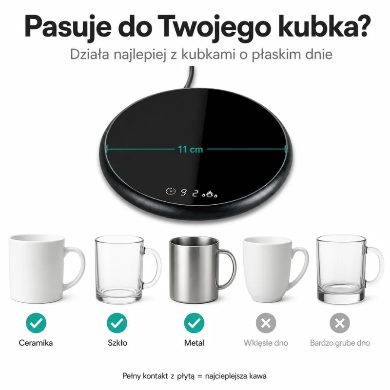 Kubki pasujące do CiepłejPodstawki: ceramiczne, szklane i metalowe z płaskim dnem
